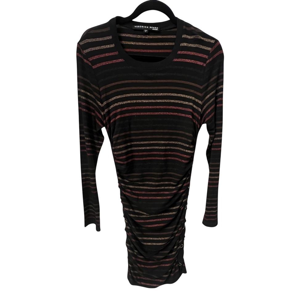 Veronica Beard Daphne striped metallic lurex long-sleeve mini dress. Womens M